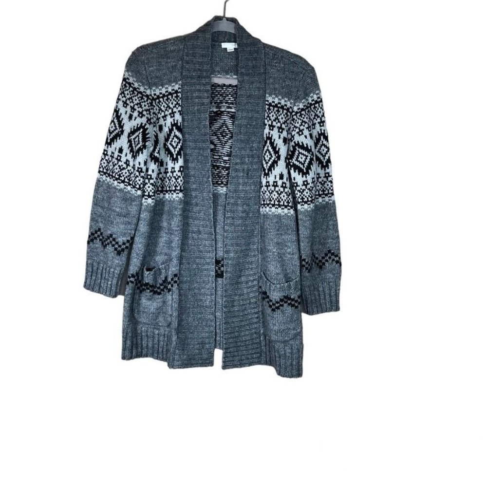 J. Jill Open Cardigan Oversized Sweater XS Wool Blend Gray Knit Fair Isle Pocket